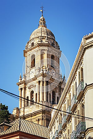 Bell tower of the Malaga Cathedral in Malaga, Andalusia, Spain Editorial Stock Photo
