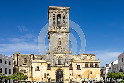 Bell tower of Santa Maria de la Asuncion church in Arcos de la Frontera, Spain Stock Photo