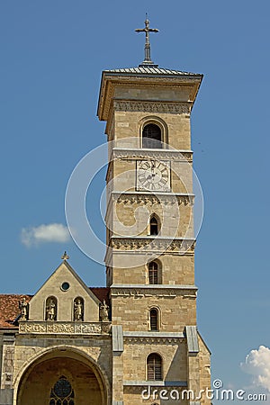 Bell tower of St. Michael`s Roman Catholic Cathedral, on a sunny day, Alba Iulia Stock Photo