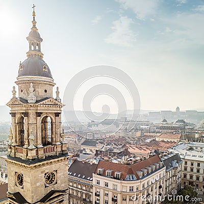 Bell tower of St. Stephen's Basilica and view of Budapest Stock Photo