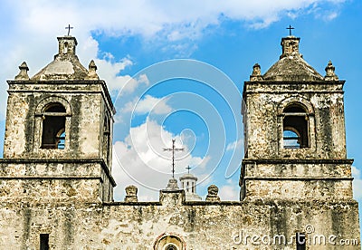 Bell towers of Mission Concepcion church in San Antonio Texas Stock Photo