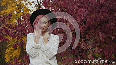 Bella ragazza nelle pose del cappello all'albero di rosa di autunno con il sorriso sul fronte archivi video Bella ragazza nelle pose del cappello all'albero di rosa di autunno con il sorriso sul fronte archivi video