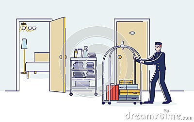 Bellboy carrying luggage on cart. Hotel porter in uniform with visitor baggage Vector Illustration