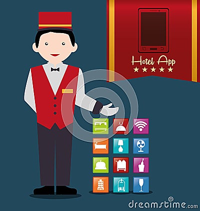 Bellboy and hotel digital apps design Cartoon Illustration