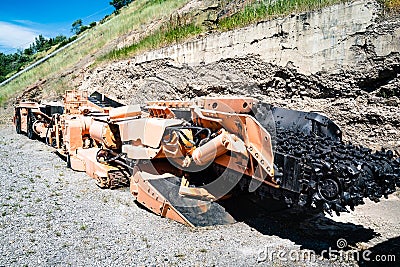 Bellevue Alberta Canada, July 22 2021: Vintage Coal mining equipment on display at the historic Coal Mine tour in the Canadian Roc Editorial Stock Photo