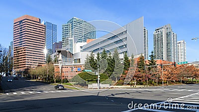 Bellevue downtown urban core and City Hall on a clear winter morning Editorial Stock Photo