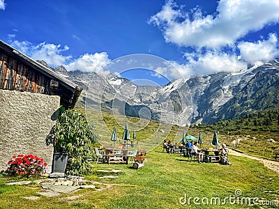 Bellevue, France, September 14th, 2021: Chalets du Miage view with Mont Blanc Editorial Stock Photo