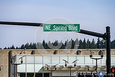 Spring District, road sign for new street, NE Spring Blvd Editorial Stock Photo