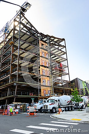 Spring District, under construction, cement trucks, and road closure Editorial Stock Photo