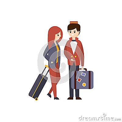 Bellhop Helping A Female Guest With Luggage Hotel Themed Primitive Cartoon Illustration Vector Illustration