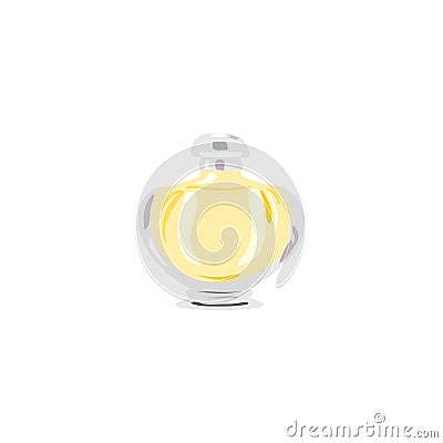 Bellied Bottle with yellow liquid. vial for perfume, medicine, cosmetics, alcohol, drinks. flacon Vector Illustration