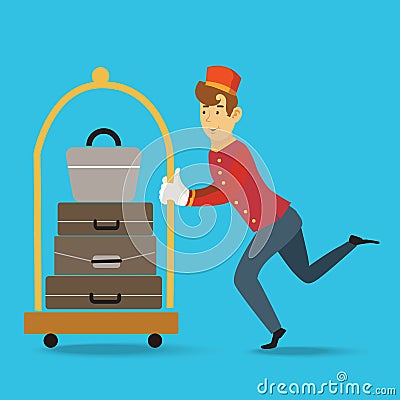 Bellman Pushing Luggage Cart with Suitcases Website Landing Page. Hotel Staff in Uniform Bellboy Meeting Guest, Hospitality Vector Illustration