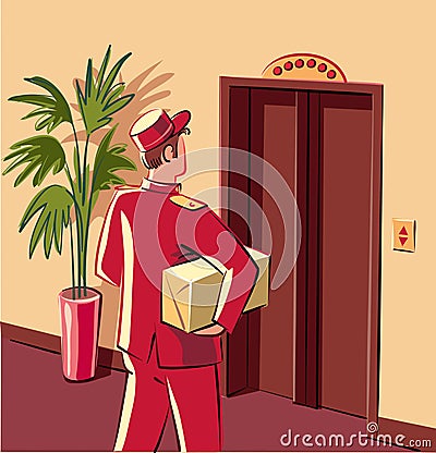 Bellman in red livery, which is preparing to enter an elevator, Stock Photo