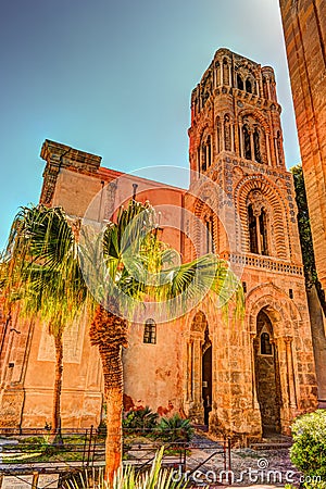 Belltower of church Martorana with palm trees, Palermo. Sicily. Stock Photo