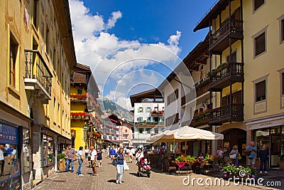 Belluno, Italy - August 17, 2018: resort town in the highlands of the Dolomites of Italy, Cortina d Ampezzo Editorial Stock Photo
