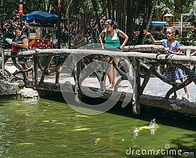 Afro Brazilian young girl feeds the tropical fish on the pond at Editorial Stock Photo