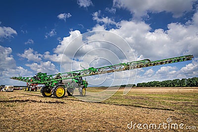 Belogorye, Khmelnytsky region, UKRAINE - August 19, 2021: John Deere self-propelled sprayer at the demonstration of agricultural Editorial Stock Photo