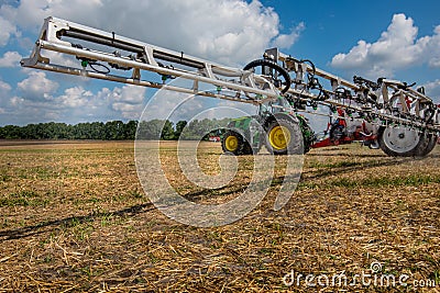 Belogorye, Khmelnytsky region, UKRAINE - August 19, 2021: sprayer boom trailed sprayer fertilizer on at the demonstration of Editorial Stock Photo