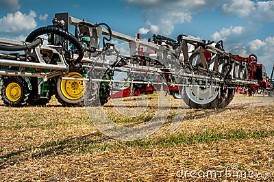 Belogorye, Khmelnytsky region, UKRAINE - August 19, 2021: tractor with trailed sprayer fertilizer on at the demonstration of Editorial Stock Photo