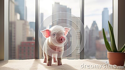 A beloved pet piglet enjoys life in a contemporary flat. Stock Photo