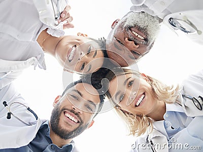 Below portrait, doctors and circle in team building closeup for motivation, success and diversity. Doctor, teamwork and Stock Photo