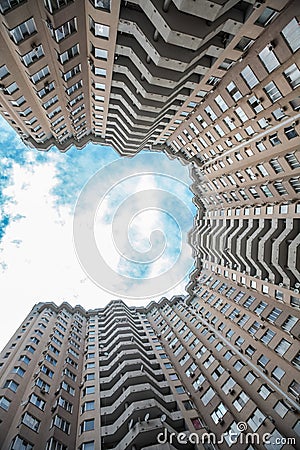 Below view on the ukrainian skyscrappers. Odesa Chudo Gorod. Living high-rise building. Modern condominium on sky background Stock Photo