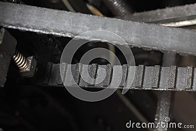 Belt transmission in a mechanical machine. Stock Photo