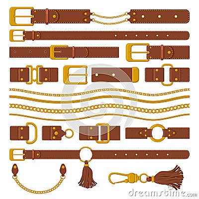 Belts and chains elements. Leather brown belts, gold ring straps, chains and metal buckles. Haberdashery leather Vector Illustration