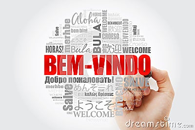 Bem-Vindo Welcome in Portuguese word cloud with marker in different languages, conceptual background Stock Photo
