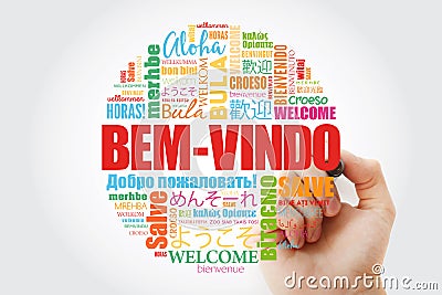 Bem-Vindo Welcome in Portuguese word cloud with marker in different languages, conceptual background Stock Photo