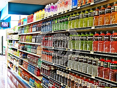 BEMIDJI, MN - 8 FEB 2019: Rows of bottled beverages stacked on shelves Editorial Stock Photo