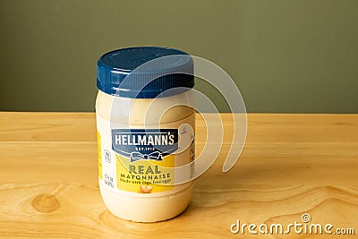 BEMIDJI, MN - 20 MAY 2020: Hellmanns mayonnaise unopened jar on counter Editorial Stock Photo