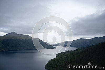 Ben Lomond aerial birdseye view from above loch in moody sunrise sky in the Highlands Scotland Stock Photo