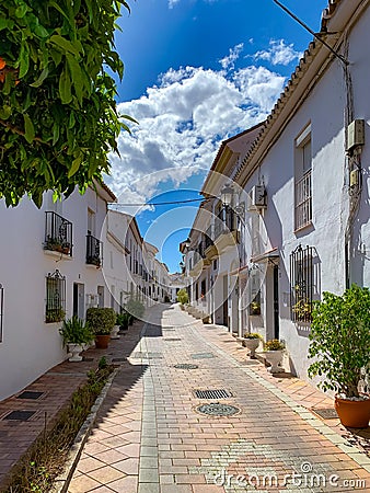 Benalmadena Old Town street, Spanish Traditional balconies with flowers Editorial Stock Photo