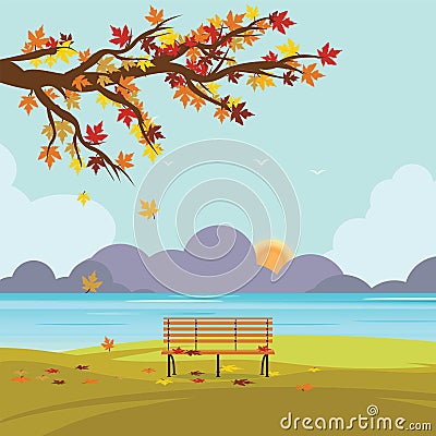 Bench in autumn park with fall leaves . Vector Illustration