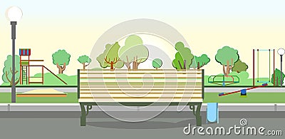 Bench on the background of a playground in the park. Swings, slides and carousels. Flat cartoon style illustration. A Vector Illustration