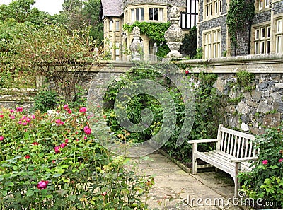 Bench in Bodnant Garden Stock Photo