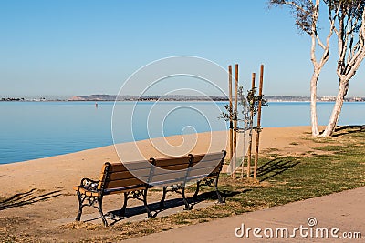 Bench at Chula Vista Bayfront Park with San Diego Bay Stock Photo