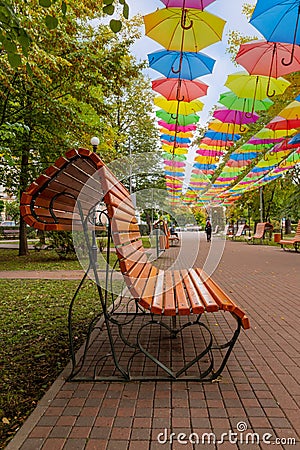 Bench in the city center of Radauti Editorial Stock Photo