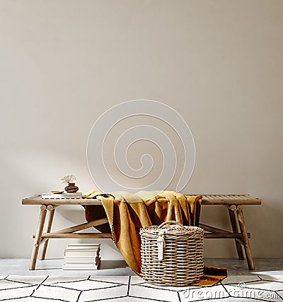 Bench with decor close up in home interior background, wall mock up Stock Photo