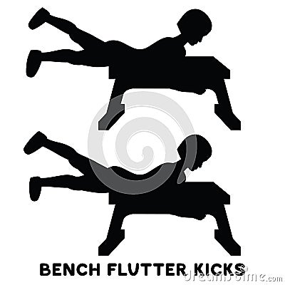 Bench flutter kicks. Sport exersice. Silhouettes of woman doing exercise. Workout, training Cartoon Illustration