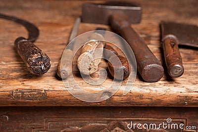 Bench with grungy tools Stock Photo