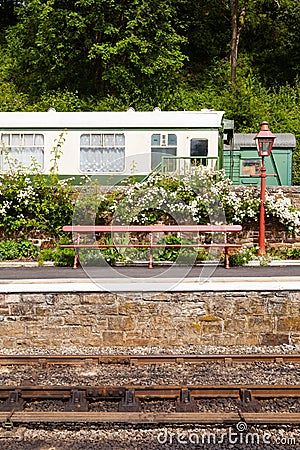 A Bench and Lampost on Goathland Station, England Stock Photo