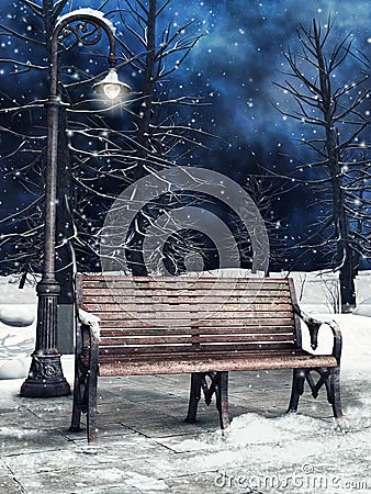 Bench and lantern in winter Stock Photo