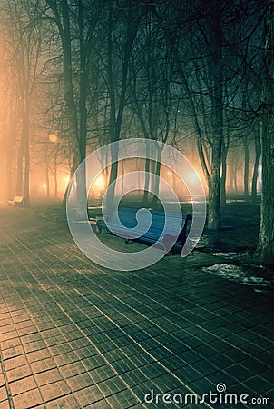 Bench in misty city park at night Stock Photo