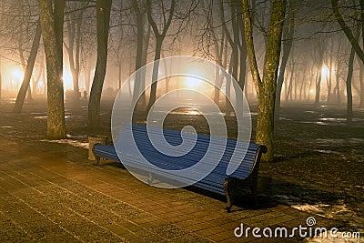 Bench in misty city park at night Stock Photo