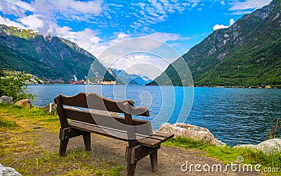 Bench near fjord in Odda, Norway. Stock Photo