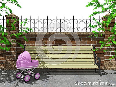 Bench, park, stroller Stock Photo