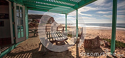 Bench and picnic table at Crystal Cove State Park beach Editorial Stock Photo