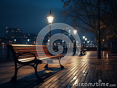 a bench is sitting on a wooden walkway at night Stock Photo